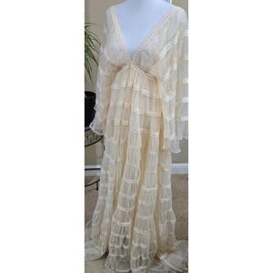 Pregnancy Photo Maxi Dress Women Cream Boho Tulle Lace Tiered Wedding Gown 70s